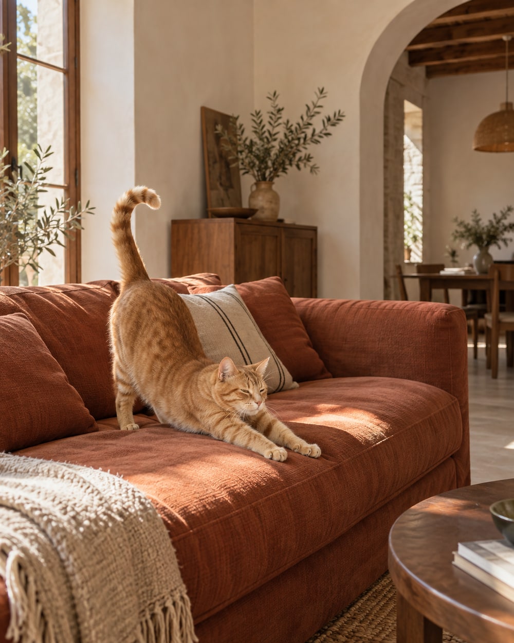 Un gato se estira en un sofá terracota en una escena de ambiente doméstico