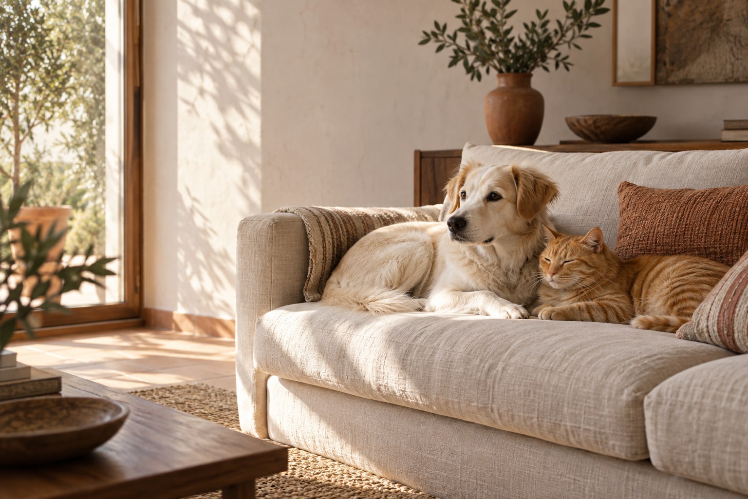 Un perro y un gato comparten una siesta en un sofá en una escena de ambiente