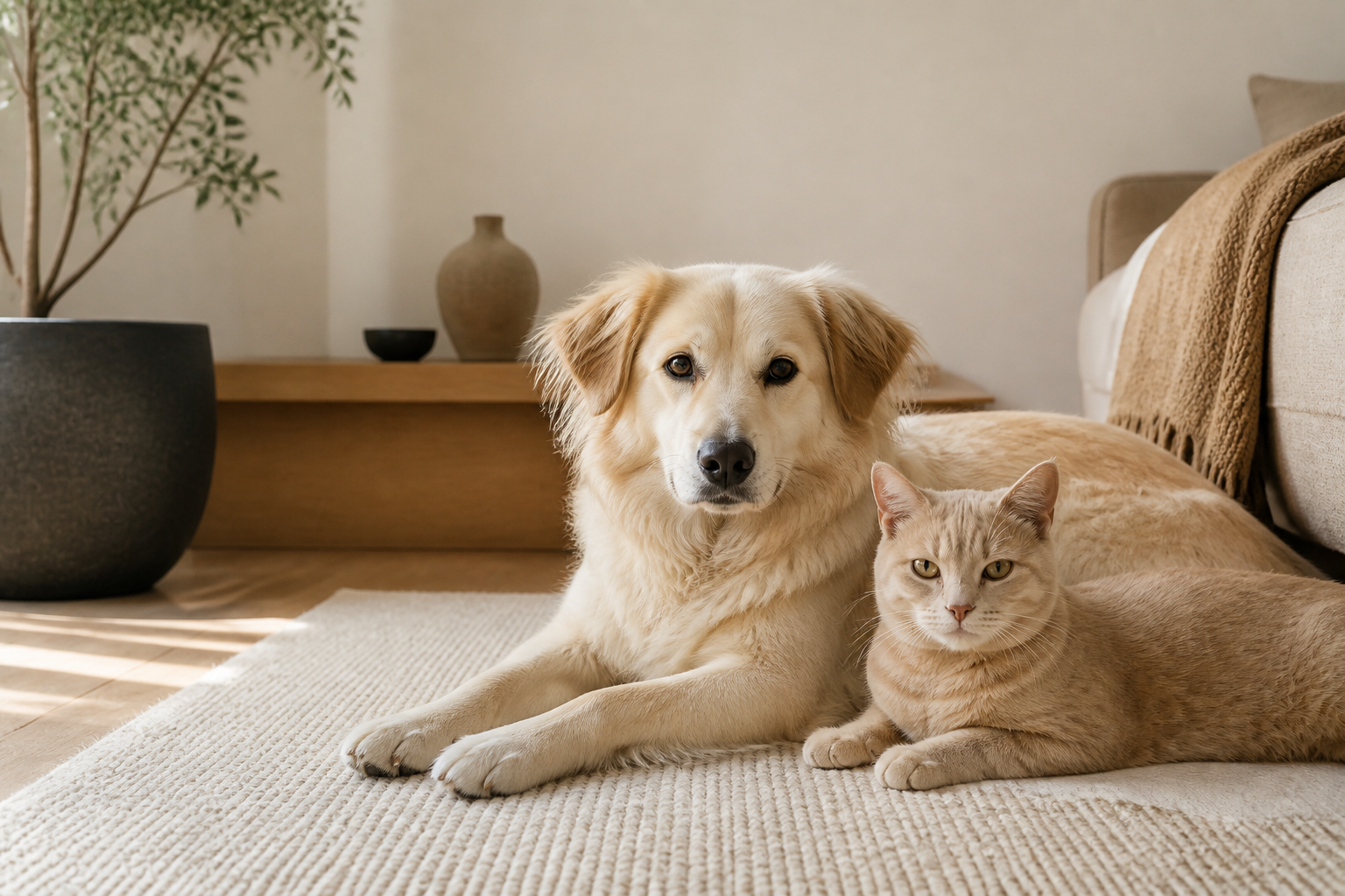 Un perro y un gato descansando juntos en un hogar cálido y luminoso