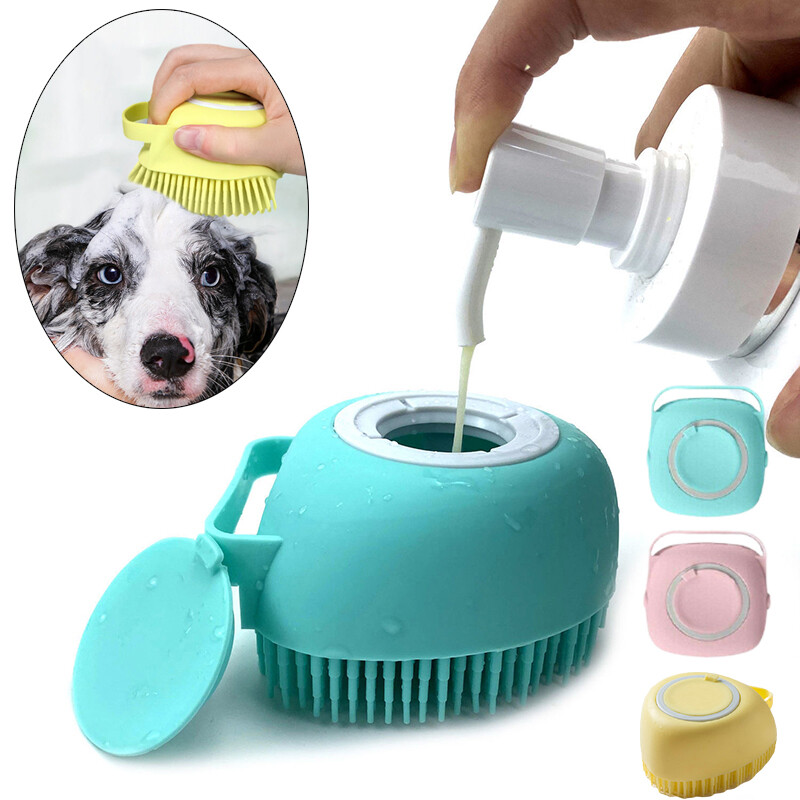 Cepillo de silicona turquesa con depósito de champú para mascotas
