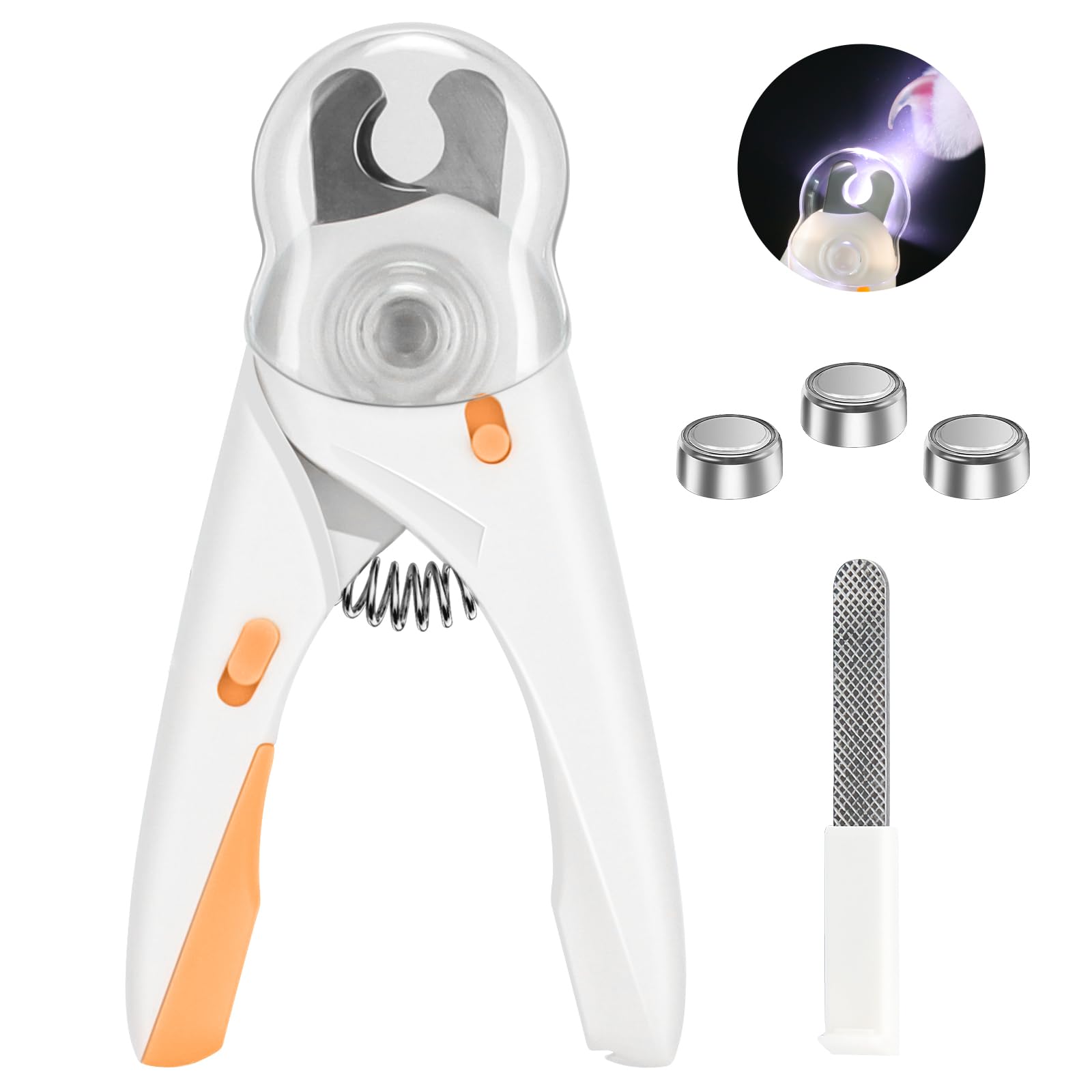 Cortauñas blanco con luz LED, protector y lima para mascotas