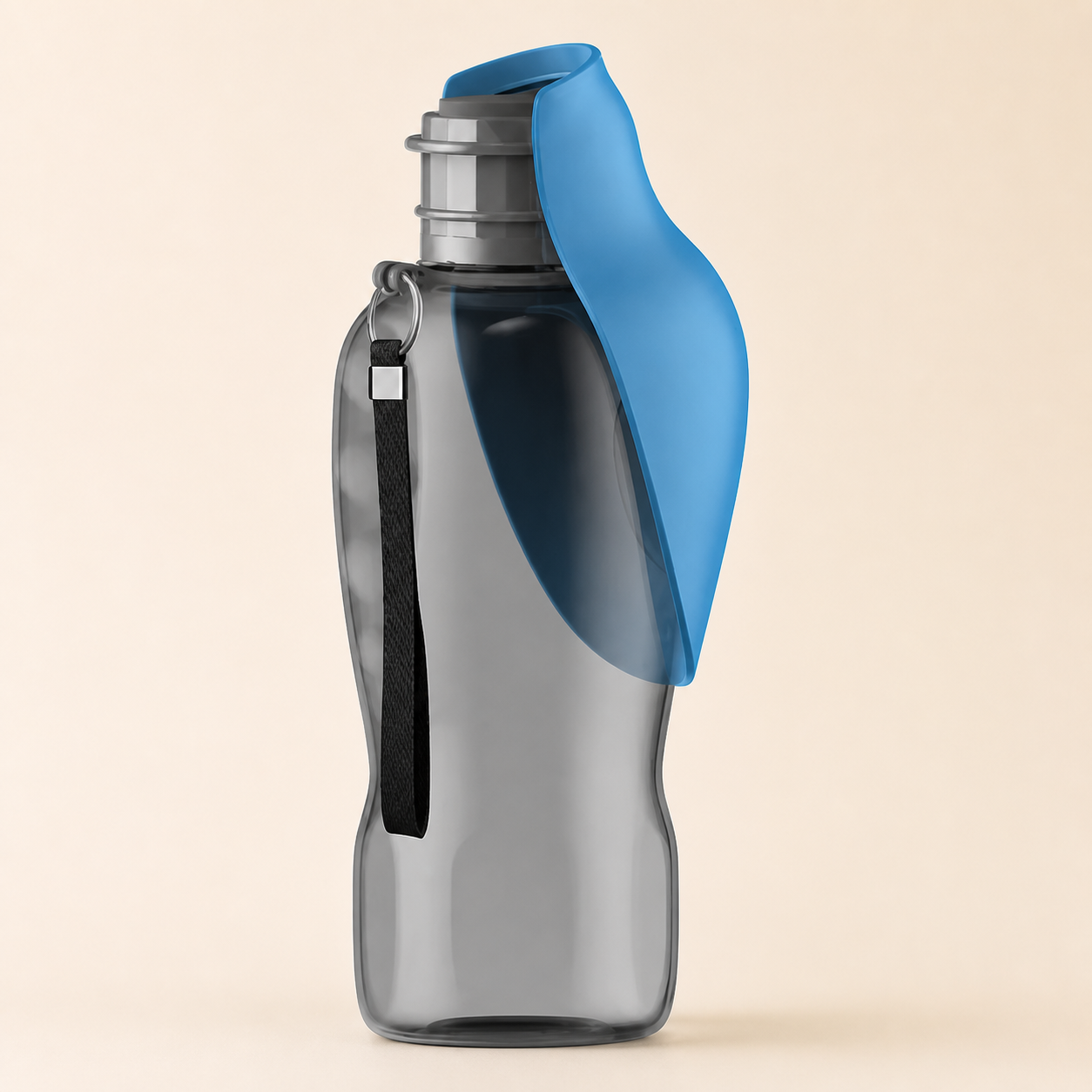 Botella portátil gris con bebedero de silicona azul para perros