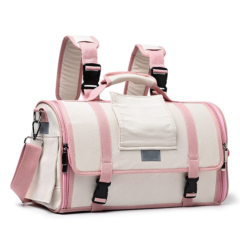 Bolsa mochila de lona clara con detalles rosas para transportar mascotas