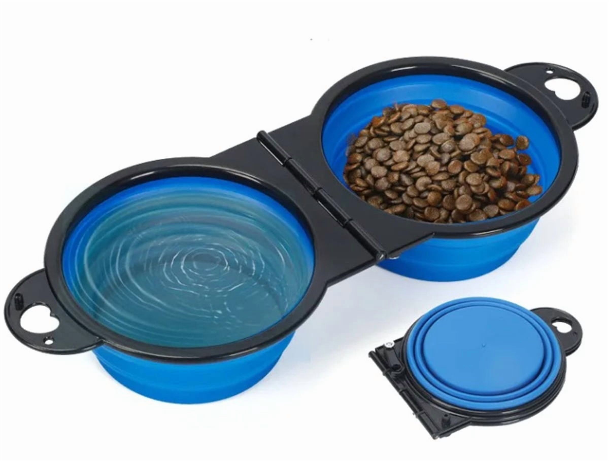 Bol doble plegable azul para agua y comida de mascotas
